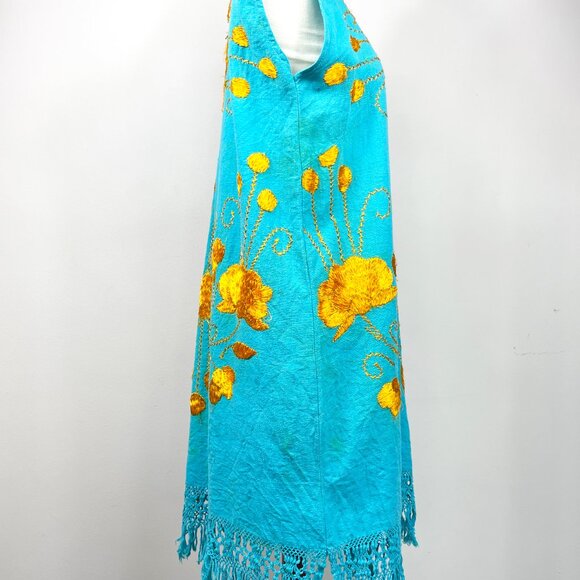Vintage Boho Summer Shift Dress – Hand Embroidered Orange Floral with Fringe Hem - Picture 4 of 12